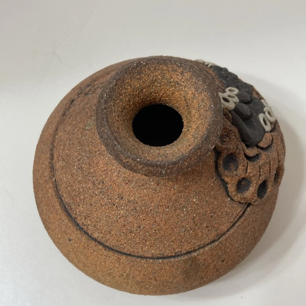 Vintage 1980 SJT Carma Sand Pottery Lamp Vase Folk Art Hand Made Brown Signed